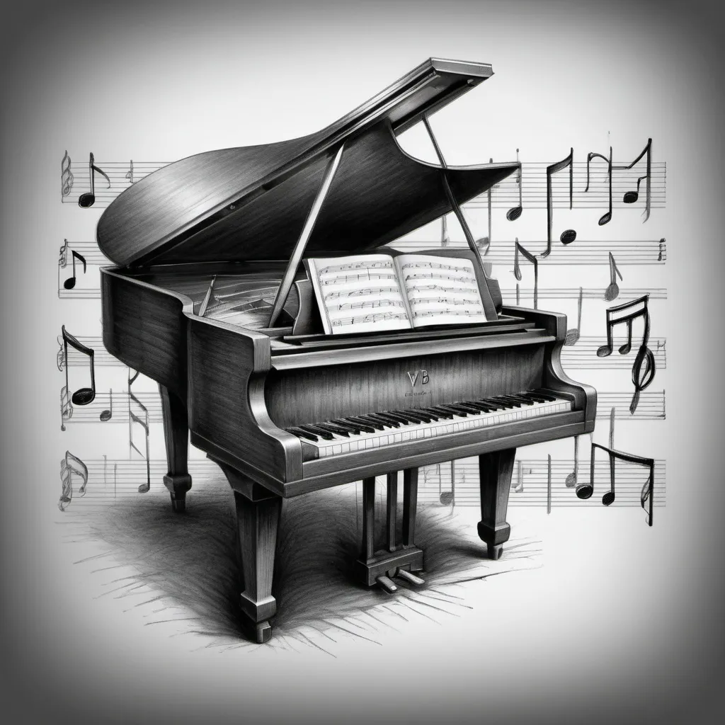 Prompt: Piano notes formed in the shape of 'VB', pencil sketch, detailed musical notes, grayscale, dramatic lighting, sketchy style, high contrast, moody atmosphere, artistic, intricate composition, emotional, artistic interpretation, tonal variation, grayscale tones, pencil drawing, dramatic shadows