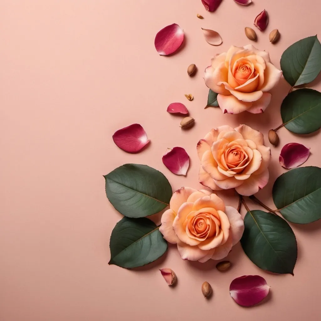 Prompt: 2 argan nuts and eucalyptus 
leaves on left side of and dark pink rose petals on left side of image with peach tone background.