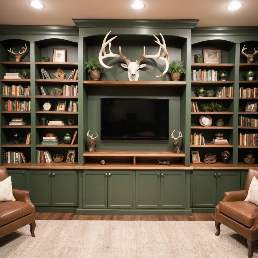 Prompt: Lafayette Green, built in shelves, wood shelf tops, Lafayette green cabinets under bottom shelves, antler accents, books, awards, under shelf lighting, single wall shelving, TV in middle of shelves