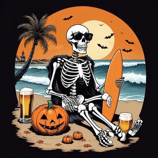 Prompt: Vintage Halloween t shirt design featuring a skeleton sitting on beach holding a beer, wearing sunglasses, with Jacko lanterns and a surf board. 