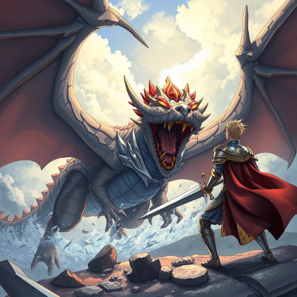 Prompt: Fantasy anime-style scene of a dragon and a knight in an epic battle.