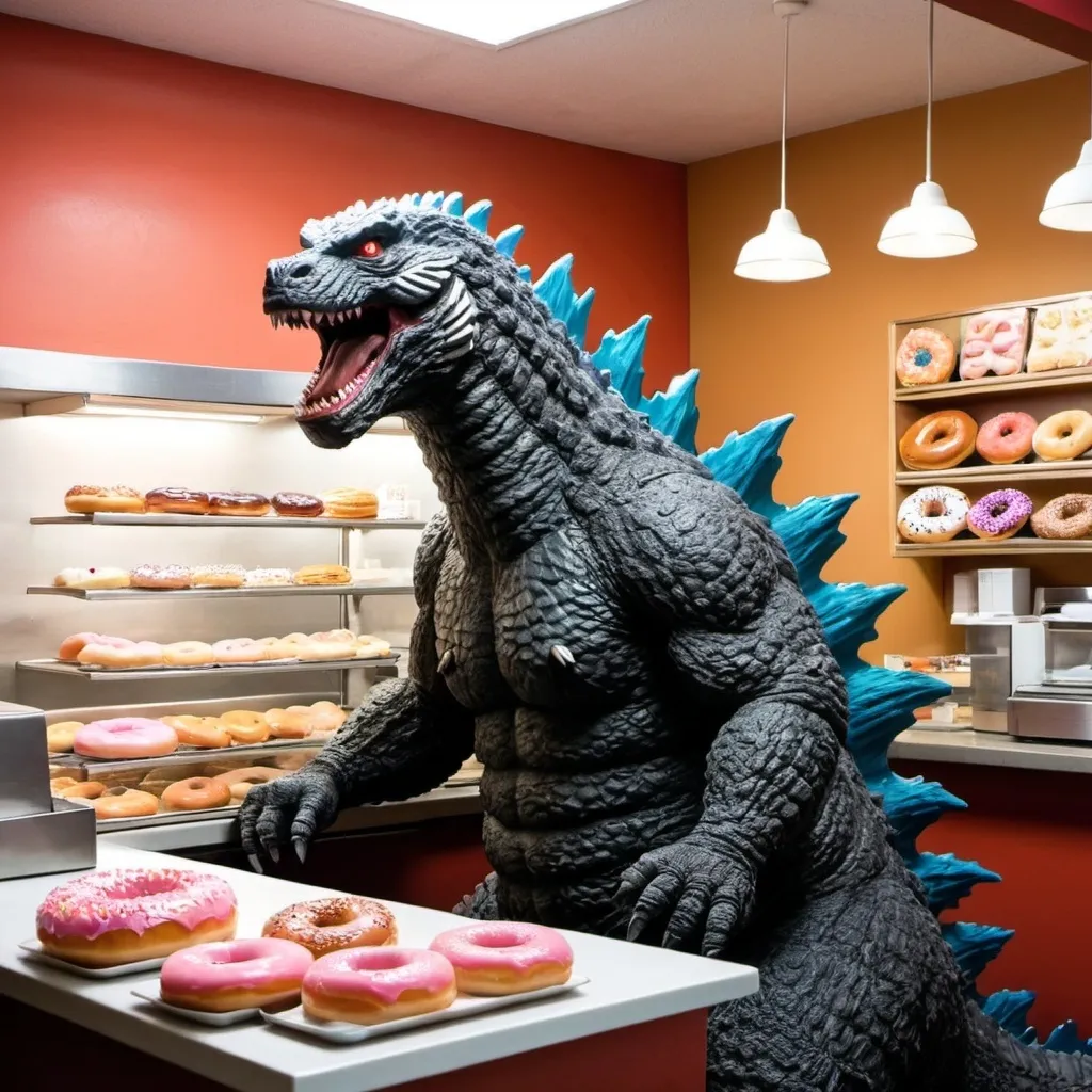 Prompt: godzilla at a donut shop
