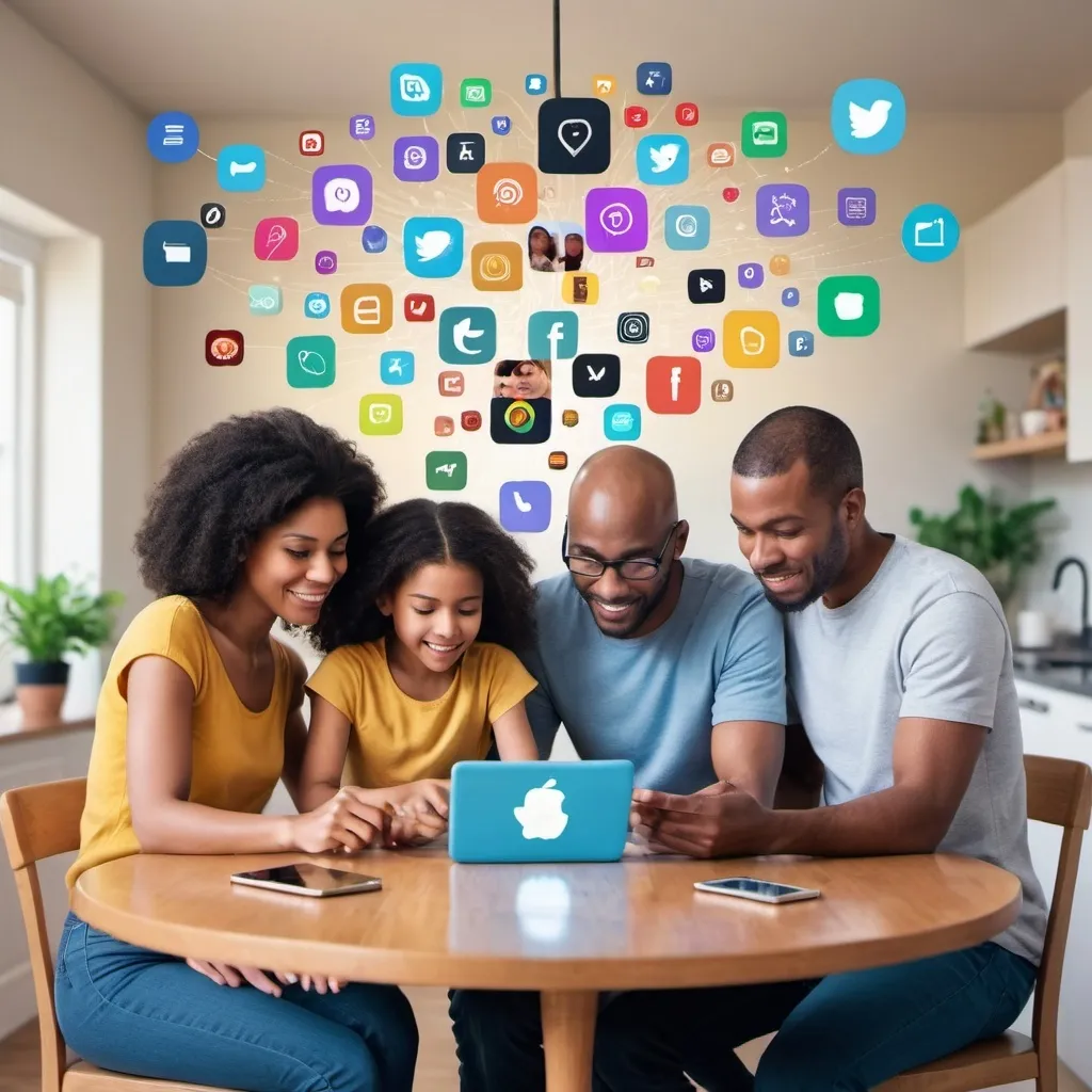 Prompt: a diverse family sitting at a table around a digital device with images of apps or websites in the air around them representing the content they are seeing online