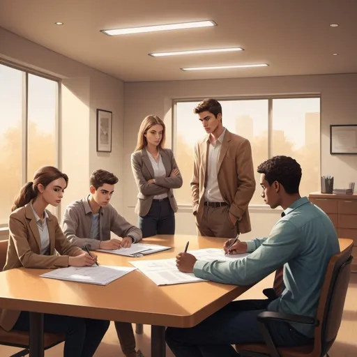Prompt: High-res digital illustration of a meeting room, casual attire, focused conversation, paperwork on the table, serious expressions, contract signing, school setting, warm and professional lighting, contemporary art style, neutral tones, detailed expressions,
include one teenager