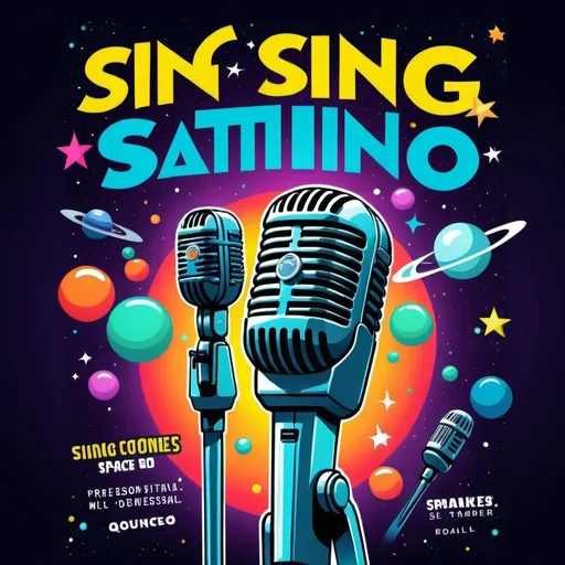 Prompt: Cartoon-style professional poster for Sing-Sational , space-themed, vibrant colors, futuristic design, detailed microphones, retro-modern aesthetic, eye-catching typography, high-quality, vibrant, colorful, space-themed, retro-futuristic, detailed microphones, professional, eye-catching design, cartoon style, vibrant colors, high-contrast lighting