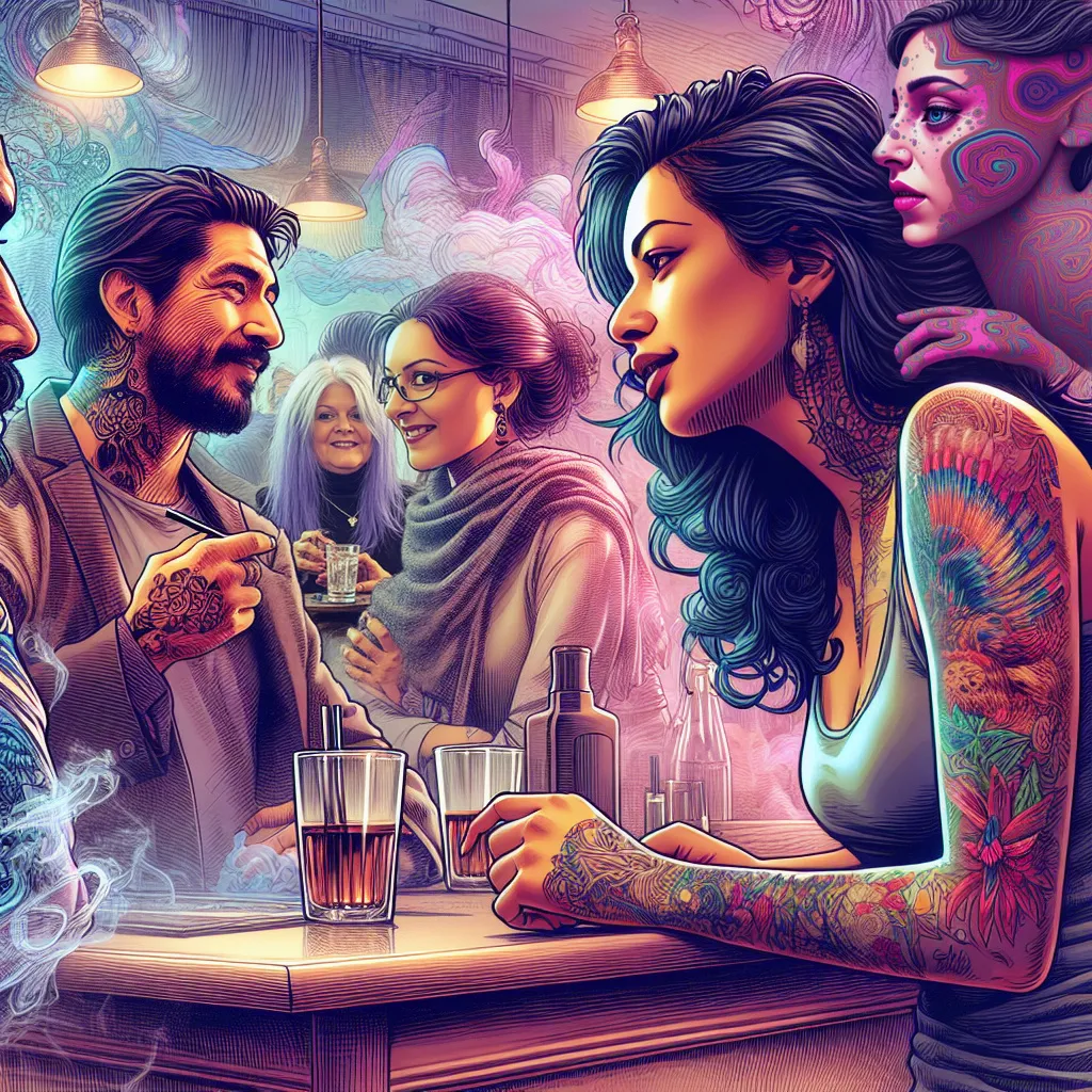 Prompt: A focused illustration of @N97NnhFA9U0lf9ZjvlSU, a woman with an attentive expression, engaged in a stimulating conversation. She is seated at a small café table, leaning slightly forward, her hands resting on the table, fingers interlaced. The background features a bustling urban environment with blurred figures moving past, hinting at the lively atmosphere. Soft, warm sunlight filters through the café's large windows, casting gentle shadows across her face, highlighting her keen interest. The scene captures the dynamic energy of the conversation, with her gaze fixed on the speaker, eyebrows slightly raised in curiosity.