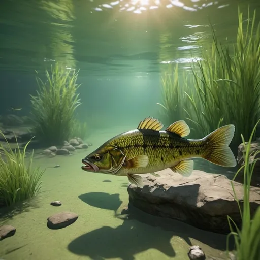 Prompt: <mymodel> realistic underwater scene, riparian, long grasses, greenish water, forest at the shore, realistic scales, realistic swimming position, smallmouth bass