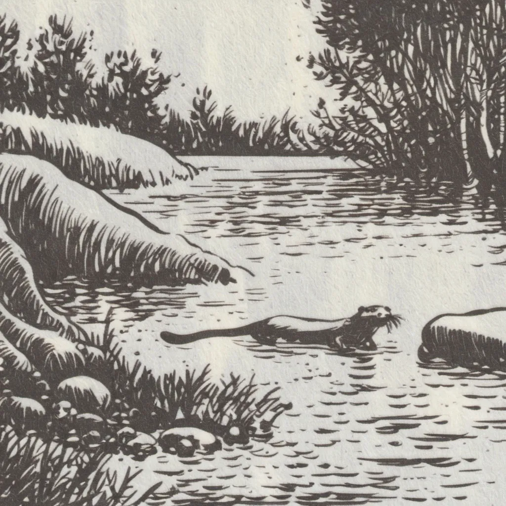 Prompt: Inkdrawing, river otter, riparian scene, realistic underwater swimming