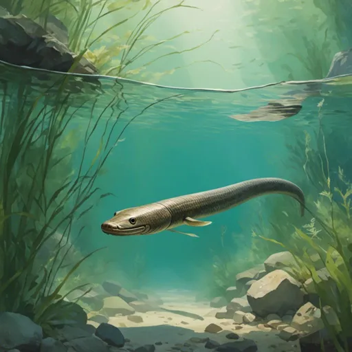 Prompt: <mymodel>Realistic digital painting of an American eel, underwater scenery, clear water, detailed scales, fluid motion, high quality, realistic, underwater, aquatic, detailed texture, riparian life, serene atmosphere, natural lighting, shallow water, green long grasses and very few rocks