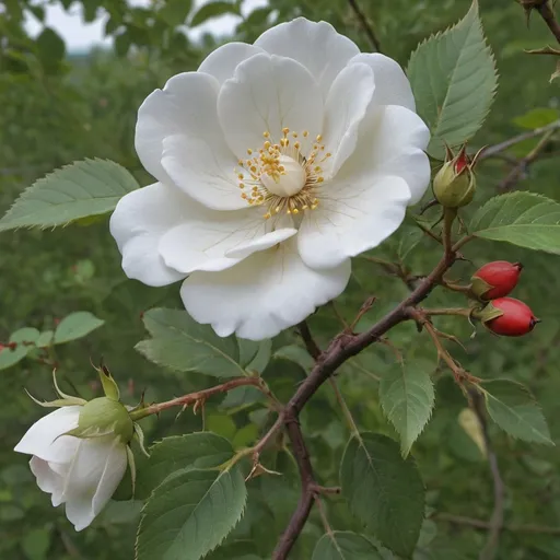 Prompt: <mymodel> realistic white multiflora rose, botanical illustration style,  scrambling shrub climbing shrub, with stout stems with recurved thorns. The leaves are 5–10 cm (2–4 in) long, compound, with 5–9 leaflets and feathered stipules. The flowers are small, with five white, heart-shaped petals, 1.5–4 cm (5⁄8–1+5⁄8 in) diameter, white, borne in early summer. The rosehips are reddish to purple, 6–8 mm (15⁄64–5⁄16 in) diameter.