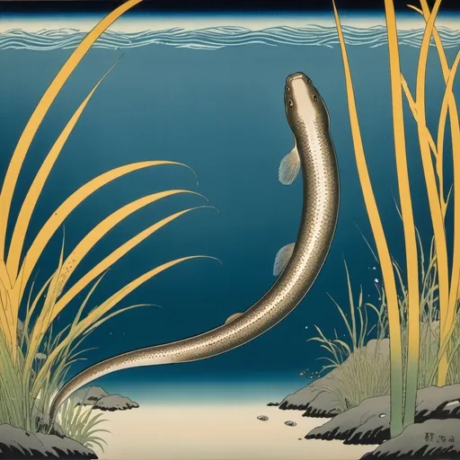 Prompt: Ukiyo-e japanese art american eel posed long against an underwater background, clear water, some long grasses, 