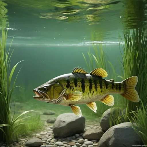 Prompt: <mymodel> realistic underwater scene, riparian, long grasses, greenish water, forest at the shore, realistic scales, realistic swimming position, smallmouth bass