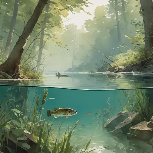 Prompt: <mymodel> realistic underwater scene, riparian, long grasses, greenish water, forest at the shore, realistic scales, realistic swimming position, smallmouth bass, fathead minnow