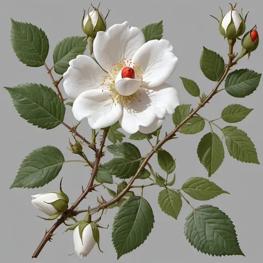 Prompt: <mymodel> realistic white multiflora rose, botanical illustration style,  scrambling shrub climbing shrub, with stout stems with recurved thorns. The leaves are 5–10 cm (2–4 in) long, compound, with 3-5 leaflets and feathered stipules. The flowers are small, with 5 white, heart-shaped petals, 1.5–4 cm (5⁄8–1+5⁄8 in) diameter, white, borne in early summer. The rosehips are reddish to purple, 6–8 mm (15⁄64–5⁄16 in) diameter.