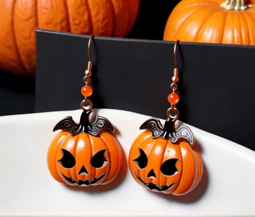 Prompt: (pumpkin earrings), lasercut and engraved design, vibrant orange and deep black colors, intricate cloisonné style, detailed craftsmanship, (elegant jewelry), eye-catching and unique, perfect for autumn fashion, warm lighting to enhance colors, (high detail), suitable for both casual and festive occasions, Halloween style with Ghotic filigree details, ghost dangle, a ghost over a pumpkin dangle earrings