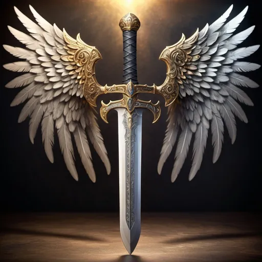 Prompt: (Sword and shield with wings on both sides), (epic design), intricate details, shimmering metallic texture on sword, vivid colors, golden hues with silver accents, dramatic shadows, fantasy-inspired, high-resolution, (ultra-detailed), magical ambiance, emulating a mythical guardian essence, wing feathers fluttering, dark mystical background, illuminated by soft ethereal light, conveying strength and valor.