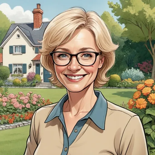 Prompt: Cartoon like 
Middle age shorter blond haired Woman wearing eyeglasses smiling standing to the left side in garden with house in background 
