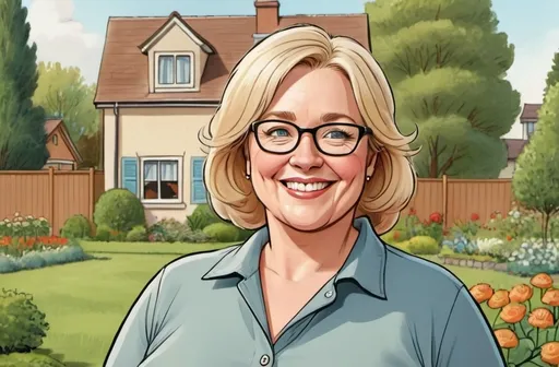 Prompt: Cartoon like plump
Middle age shorter blond haired Woman wearing eyeglasses smiling standing to the left side in garden with house in background 
