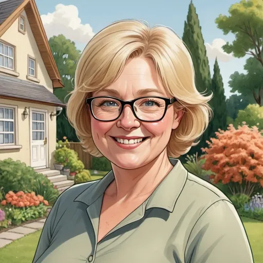 Prompt: Cartoon like plump
Middle age shorter blond haired Woman wearing eyeglasses smiling standing to the left side in garden with house in background 
