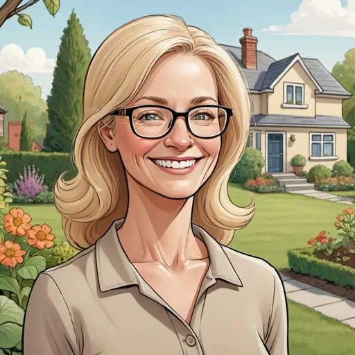 Prompt: Cartoon like 
Middle age blond Woman wearing eyeglasses smiling standing to the left side in garden with house in background 
