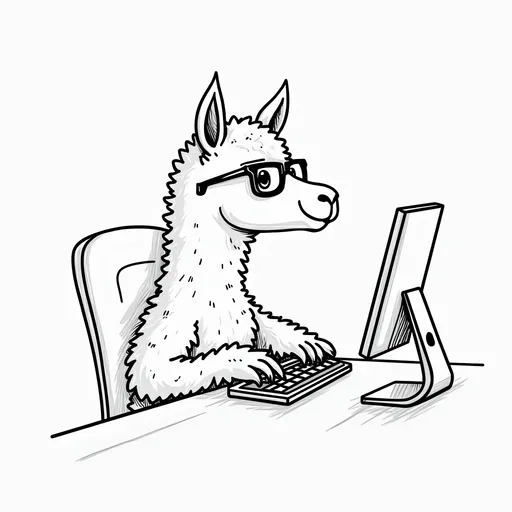 Prompt: Line drawing of a llama wearing glasses typing at a computer. 