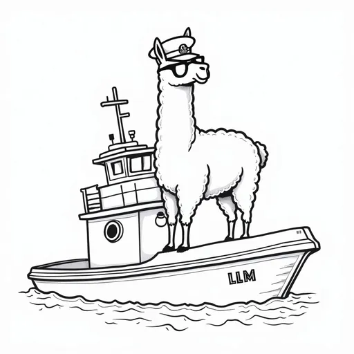 Prompt: Line drawing of the same llama wearing glasses but now also wearing a captain’s hat and standing on a tug boat. The name on the side of the boat is LLM.