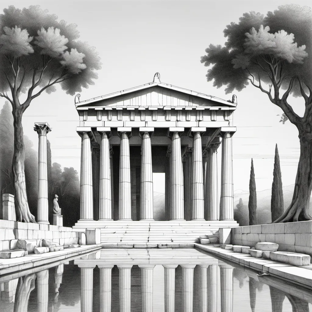 Prompt: A black and white line drawing of a greek temple with seven marble columns, a reflecting pool in front of the temple and two tall, slender Italian trees to the left and right of the temple.
