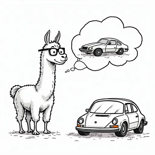Prompt: Use the same llama wearing glasses. Style is line drawing.  The llama is looking at a beat up, junk car. In a thought bubble the llama is thinking of a new sports car.
