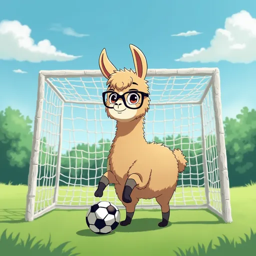 Prompt: Use the same llama wearing glasses. Change the style to anime. The llama is a soccer goalie in front of the goal fielding a soccer ball.