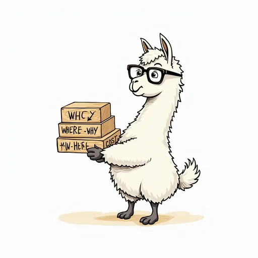 Prompt: Line drawing of the same llama wearing glasses, standing on his rear two legs  and with his front hooves holding an assortment of wooden blocks. Each block has one word written on it. The words to use on the blocks are Who, What, When, Where, Why, How, and Cost.
