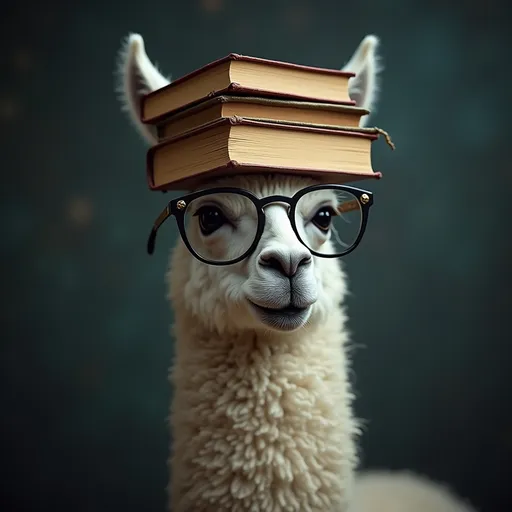 Prompt: Use the same llama wearing glasses. Change the style to a mysterious, fantasy world setting. Have a stack of leather bound books balancing on top of the llama’s head.