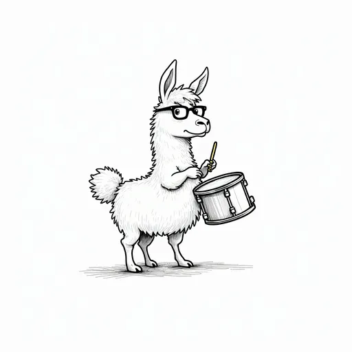 Prompt: Line drawing of the same llama wearing glasses, standing on his rear two legs and playing a drum set.