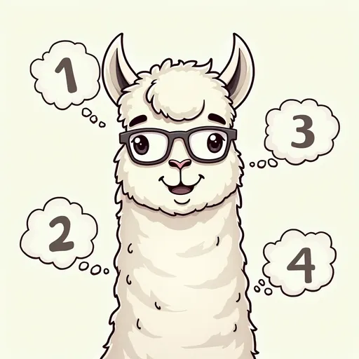 Prompt: Use the same llama wearing glasses. Change the style to line drawing. A series of four thought bubbles have the numbers 1, 2, 3, 4.