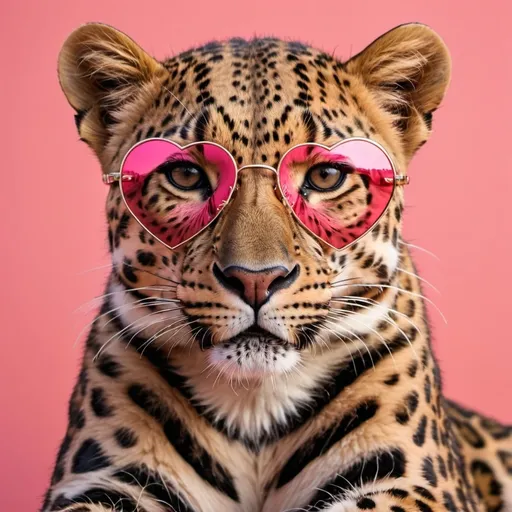 Prompt: leopard sitting down, wearing black heart shaped sunglasses with a coral pink background, very realistic , vivid color