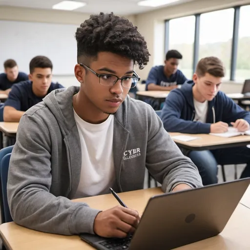 Prompt: create an image of a male career college student studying for a career in cyber in a classroom for 20 students