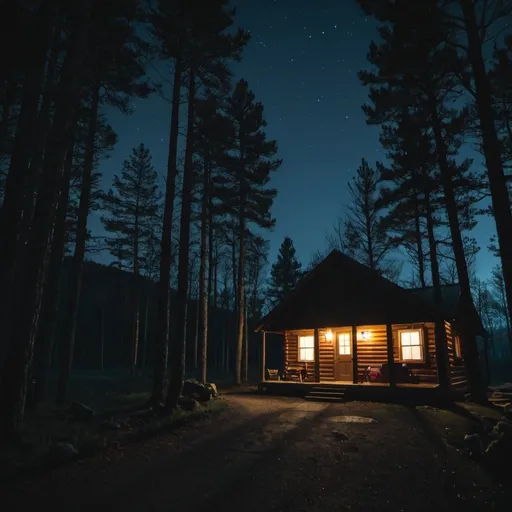 Prompt: a cabin at night in the woods with a light on inside the cabin and a drive leading up to the cabin