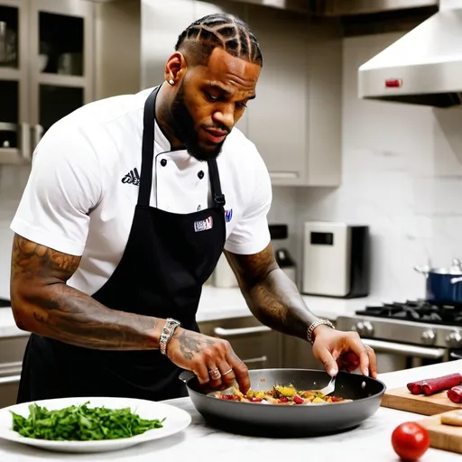 Prompt: A chef (NBA star LebBron James) cooking a complex dish while multitasking without referring to a recipe.
