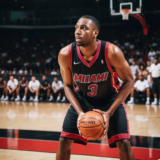 Prompt: A skilled basketball player effortlessly making a free throw during a game. Make sure the skilled basketball player is wearing a Miami heat singlet