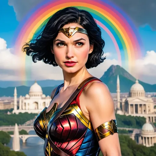 Prompt: Wonder Woman style, very short black hair, surrounded by world wonders, powerful positive energy, rainbow, 