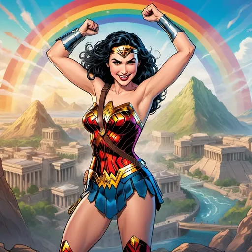 Prompt: Wonder Woman style, very short black hair, surrounded by world wonders, powerful positive energy, movie-grade, vibrant colors, dynamic lighting, detailed features, high quality, superhero, dynamic pose, vibrant colors, energy effects, iconic landmarks, intricate details, rainbow, smile