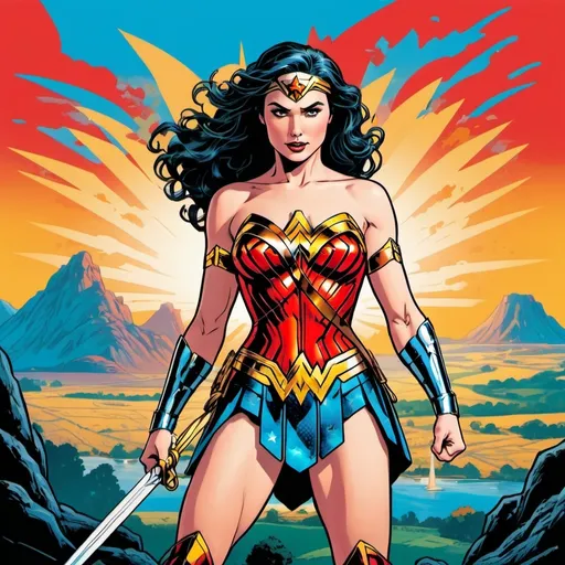 Prompt: wonder woman, graphics, iconic landscapes, iconic landmarks, power, energy, cartoon like graphics, energy, vibrant, colourful