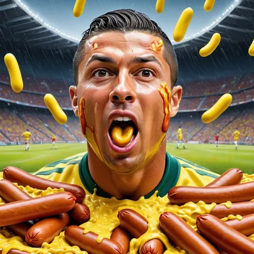 Prompt: Christiano Ronaldo surrounded by hotdogs, raining mustard into his mouth, football pitch, surreal, hyper-realistic, vibrant colors, humorous, high quality, detailed, surrealism, exaggerated perspective, playful