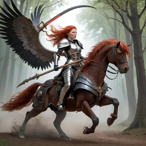 Prompt: A woman warrior, red hair, in leather armor, with a magical Scythe in hand, riding an hippogriff
