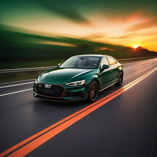 Prompt: Dark green car speeding in the sunset backdrop on the highway