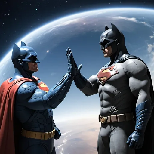 Prompt: Batman giving superman a high five in space and then saying "SIKE!"