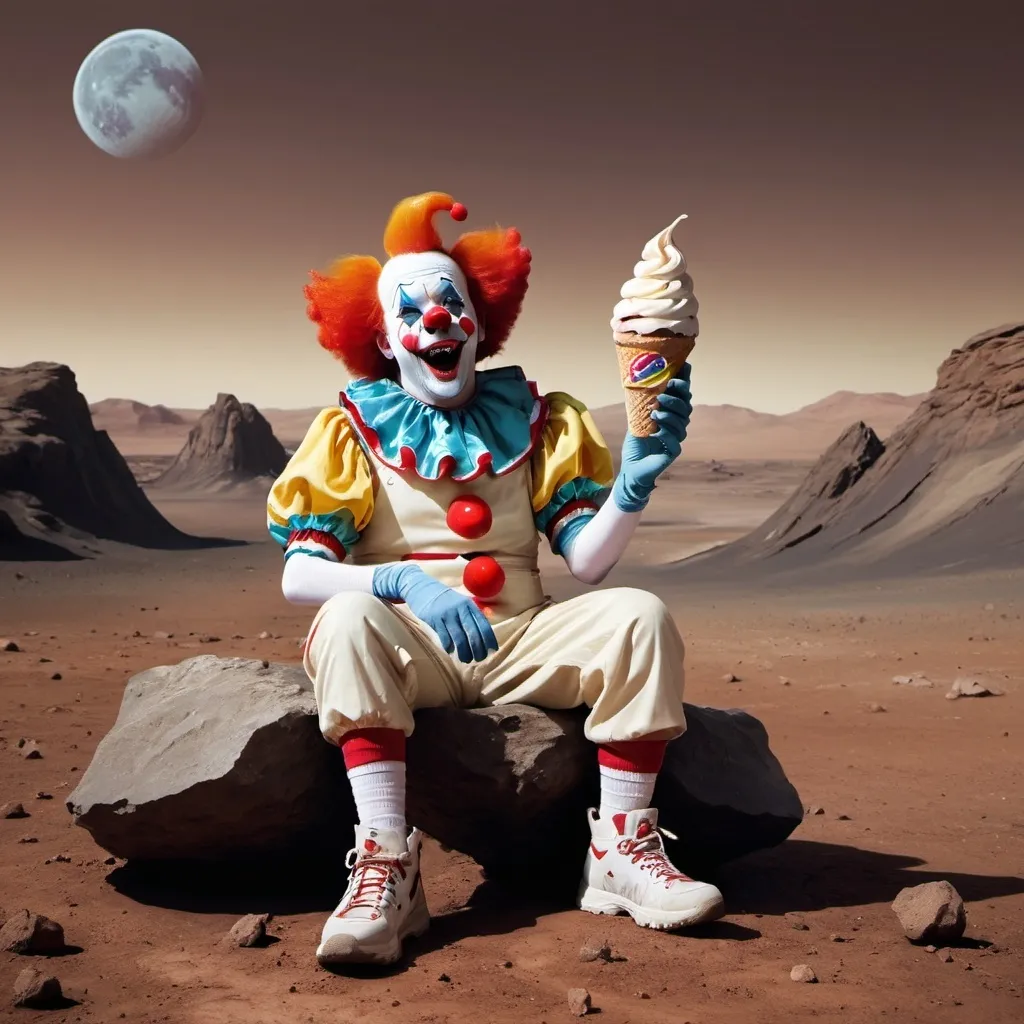 Prompt: a clown sitting on a rock on mars eating an ice cream shouting "LUNA!"