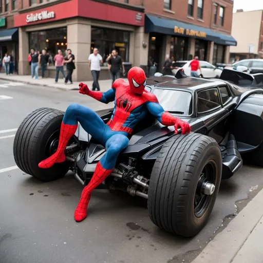 Prompt: Spiderman stealing Batmans Batmobile while completely drunk