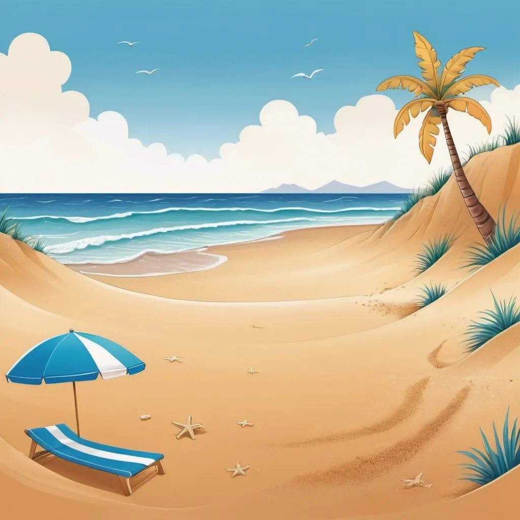 Prompt: beach illustration for kids with the sea, sand and a palmer and blue sky