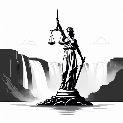 Prompt: minimal B&W icon, Lady justice in front of Niagara falls, svg, flat minimal line vector design, white background