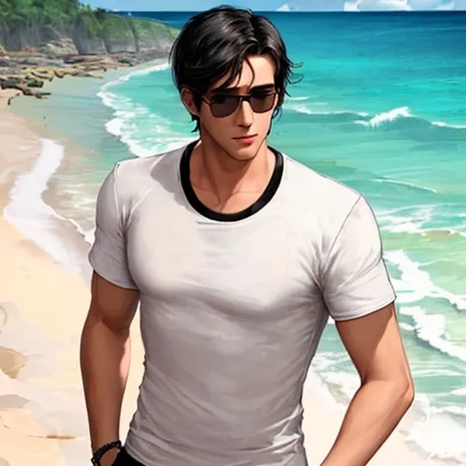 Prompt: a rough sketch of a handsome clean shaven man with black hair, brown eyes, brown skin wearing black sun glasses and t shirt on a beach.